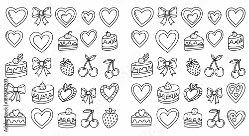 Hand-drawn doodle icons of hearts cakes bows and fruits Keywords heart, bow, cake, strawberry