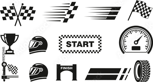 Race Day Icons: A collection of meticulously crafted monochrome icons representing the excitement and competition of motorsports. Capturing the thrill of the race.