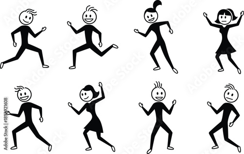 Black and white stick figures running and dancing cartoon characters