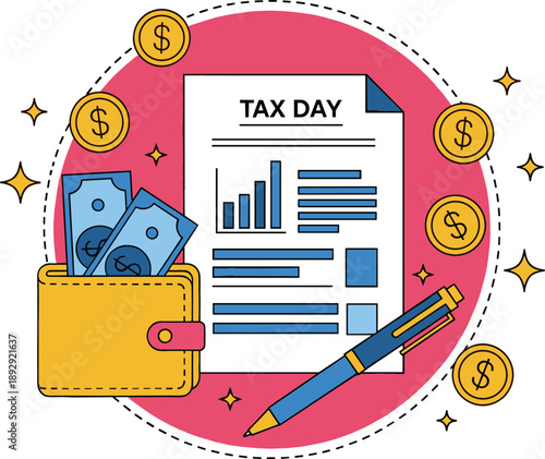 Tax Day Financial Vector Illustration with Wallet Money Coins Pen and IRS Filing Document for Accounting Services
