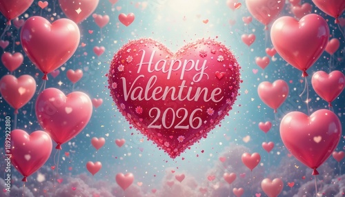 Pink heart balloons with Happy Valentine 2026 text