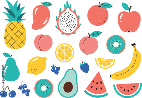 Colorful Tropical and Summer Fruit Illustration Set Featuring Pineapple Watermelon Dragon Fruit Mango and Avocado in a Vibrant Flat Graphic Style