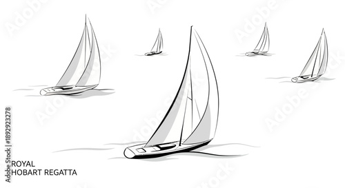 Vector illustration of sailboats on water, with a prominent boat in the foreground and several others in the background, set against a clean white backdrop, evoking the Royal Hobart Regatta