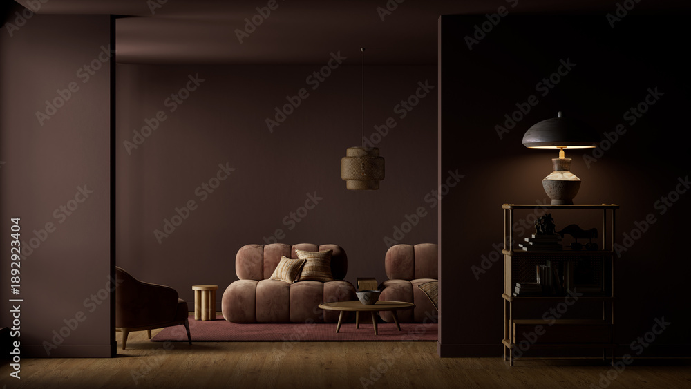 Φωτογραφία Moody contemporary living room featuring a terracotta armchair, deep burgundy walls, wooden accents, sculptural décor and warm dramatic diffused lighting