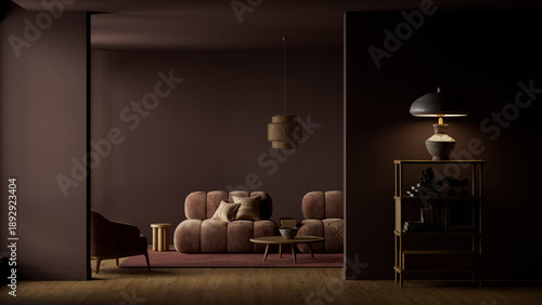 Moody contemporary living room featuring a terracotta armchair, deep burgundy walls, wooden accents, sculptural décor and warm dramatic diffused lighting. 3D illustration