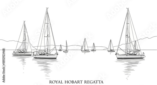 Vector illustration of sailboats on calm water during the Royal Hobart Regatta in Tasmania, Australia, with a minimalist cityscape in the background.