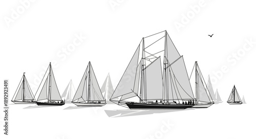Vector illustration of sailboats racing in the Royal Hobart Regatta on a public holiday in Tasmania, Australia, with a city skyline in the background.