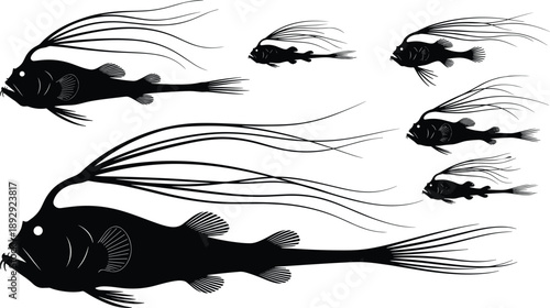 Collection of Deep Sea Anglerfish Silhouette Vector Illustration Set, Scary predatory Fish with Long Feelers for Marine Life Aquatic and Ocean Monster Design