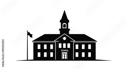 Classic schoolhouse with a central clock tower silhouette