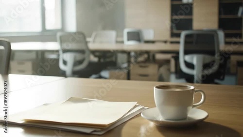 Quiet Workplace Moments: A serene desk setting, capturing a sense of calm and focus. A cup of coffee rests beside paperwork in an office environment.