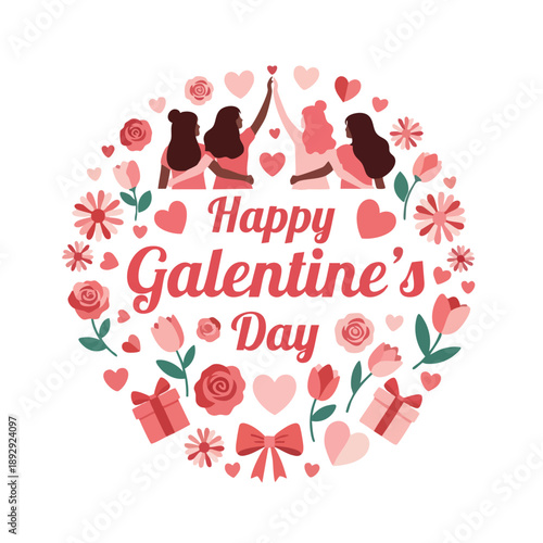 Digital illustration of a Galentine's Day celebration with three diverse female friends surrounded by hearts, flowers, and gifts on a white background. Perfect for social media posts,