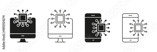 Devices and Applications Line and Solid Icon Set. Computers, Smartphones and Digital Integration Symbol Collection. Isolated Vector Illustration