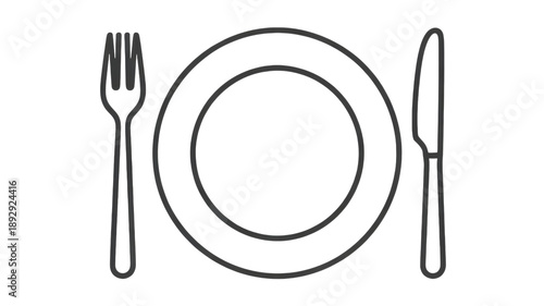 Simple outline drawing of plate fork and knife on transparent background for dining