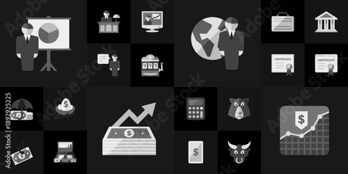 Collection of flat business and finance icons featuring businessman growth chart money stack bull and bear market and global economy symbols on dark background