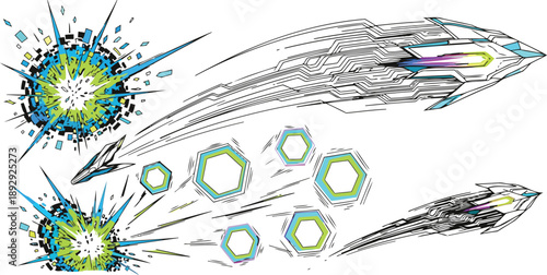 Abstract Futuristic Spacecraft and Energy Explosions: A dynamic, illustrated composition featuring a sleek spacecraft navigating through a flurry of vibrant energy bursts and abstract shapes.