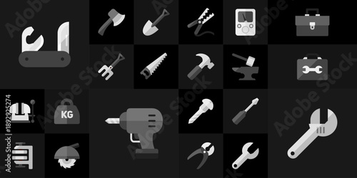Collection of flat industrial tools and hardware icons featuring power drill pocket knife adjustable wrench hammer saw and toolbox equipment symbols on black background