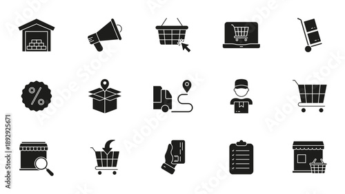 E-Commerce And Retail Solid Icon Set. Online Shopping, Delivery, And Marketing Silhouette Symbol Collection. Warehouse, Cart, Discount, And Payment Icons. Isolated Vector Illustration