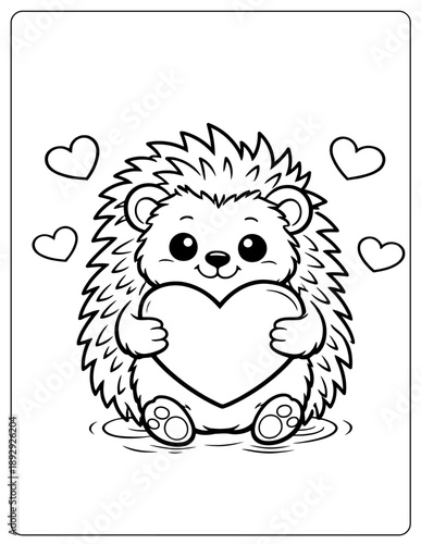A charming cartoon hedgehog holds a large heart with love.
