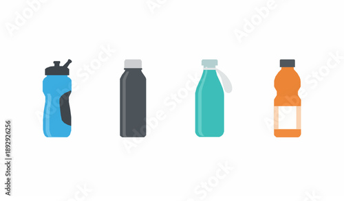 Reusable water bottle flat icon set isolated on white background