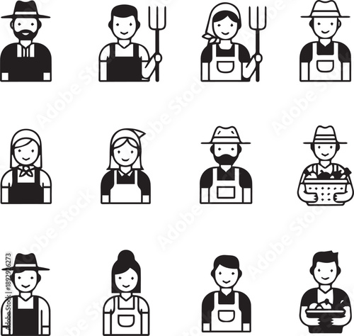 Farmer Icons Set: Minimalist Gardener Avatars and Agricultural Worker Line Art Illustrations