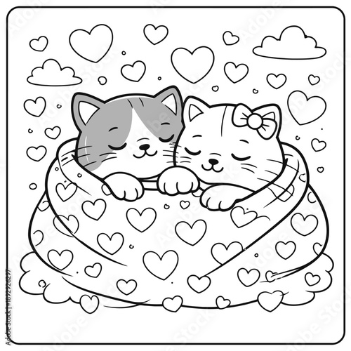 Two adorable cats cuddling under a heart-patterned blanket.