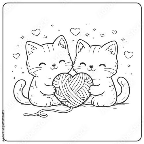 Two adorable kittens cuddling around a heart-shaped ball of yarn.