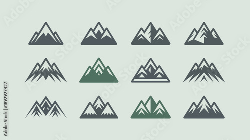 A collection of nine mountain icons is displayed in varying shades of green and black arranged in a neat symmetrical grid high quality professional detailed modern