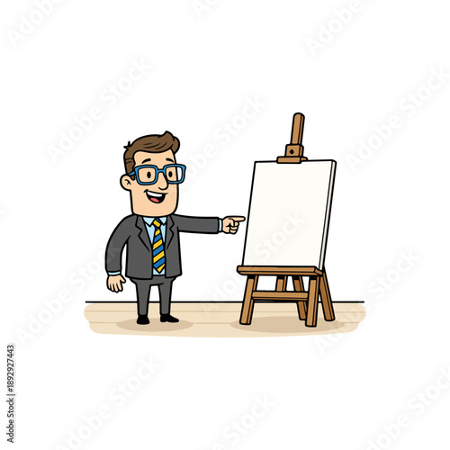 Businessman pointing at an empty easel, ready for presentation or art.