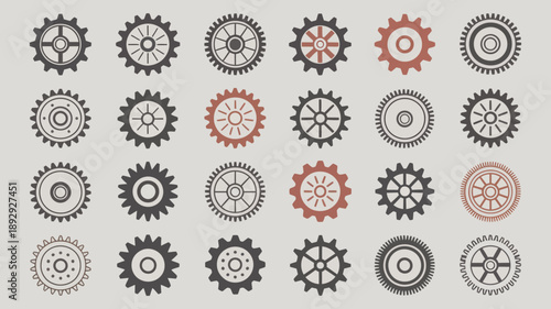 A collection of various sized gears is displayed in shades of grey and red against a light neutral background high quality professional detailed modern elegant stylish