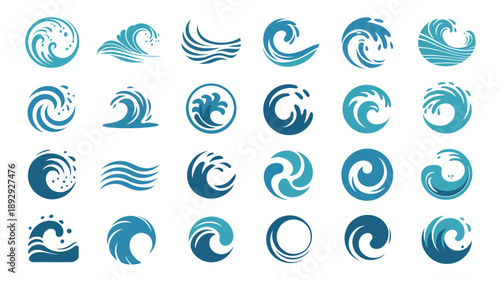 A collection of stylized teal blue wave designs are arranged in a grid pattern on a clean white background high quality professional detailed modern elegant stylish