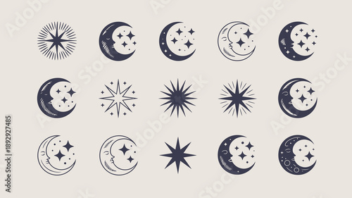 A collection of celestial designs featuring various phases of the moon and starbursts rendered in a minimalist dark blue style high quality professional detailed modern elegant