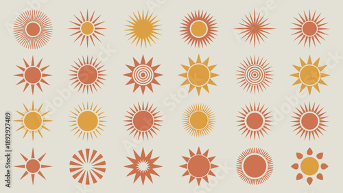 An array of stylized suns in various shades of yellow and orange are displayed against a light beige background high quality professional detailed modern elegant stylish
