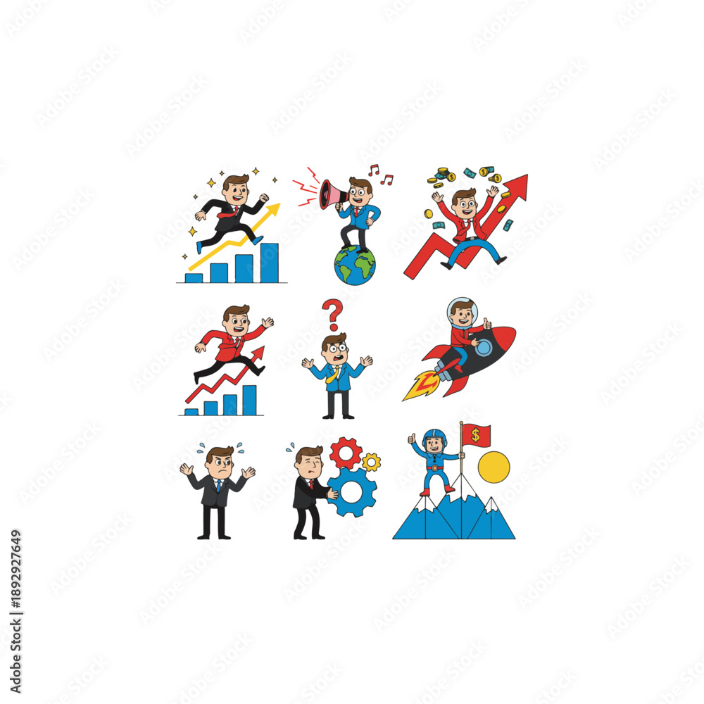 Fototapeta premium Set of business people in various poses and situations demonstrating success and growth.