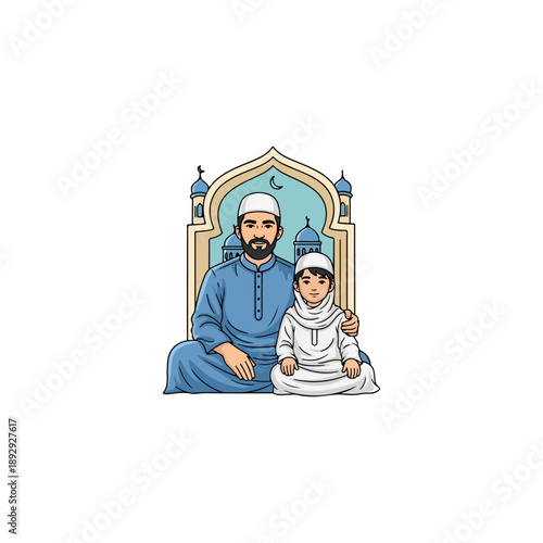 Muslim father and son praying together in front of a mosque.