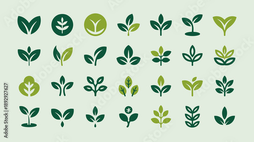 This image displays a collection of various green leaf icons and symbols arranged in a grid pattern on a light green background high quality professional detailed
