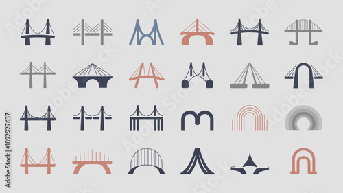 An arrangement of minimalist line drawings depicts various bridge designs in shades of orange gray and blue high quality professional detailed modern elegant stylish clean crisp
