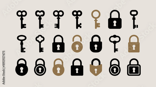 A collection of vintage keys and padlocks are displayed in varying shades of brown and black arranged in a grid pattern high quality professional detailed modern