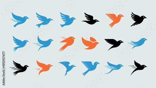 A collection of stylized bird silhouettes in flight showcasing different poses and color variations of blue and orange high quality professional detailed modern elegant stylish clean