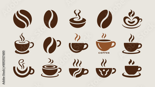A collection of brown coffee bean and cup icons arranged in a grid pattern against a beige background high quality professional detailed modern elegant stylish clean