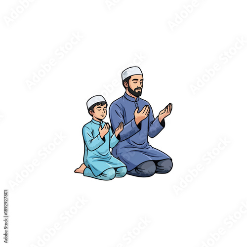 Muslim father and son praying together in traditional attire.
