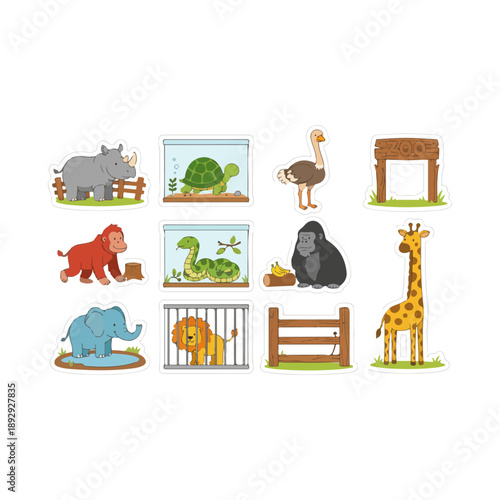 Collection of various zoo animals and their enclosures.