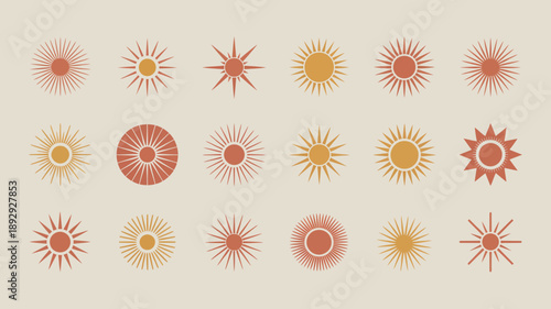An assortment of stylized sun illustrations in varying shades of orange and red are displayed against a neutral beige background high quality professional detailed modern elegant