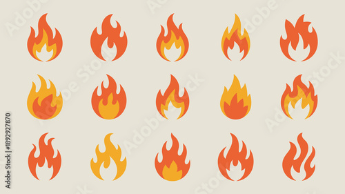 A collection of vibrant stylized flame icons arranged in a grid showcasing variations in shape and intensity high quality professional detailed modern elegant stylish clean crisp