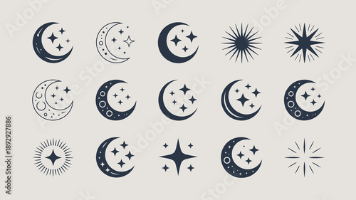 A collection of celestial designs featuring various phases of the moon stars and sunbursts in a minimalist style high quality professional detailed modern elegant stylish clean