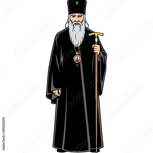 Orthodox Priest Standing with Staff and Cross.