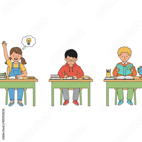 Three diverse students actively engaged in learning at their desks in a classroom setting.