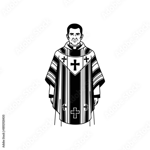Catholic Priest Wearing Robe with Crosses.