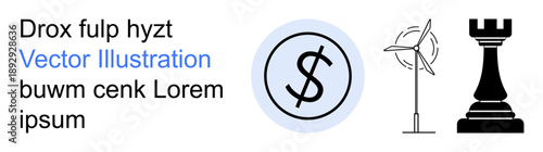 Financial planning, renewable energy, strategy development, economics, sustainability, decision-making. Dollar sign, wind turbine and rook chess piece icons. Finance and renewable energy concepts