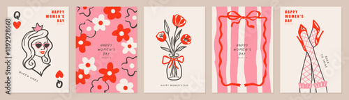Set of greeting card designs in a hand-drawn sketch and line art style, featuring a playing card with a queen, flowers, and high-heeled shoes. Collection for International Women's Day, March 8th