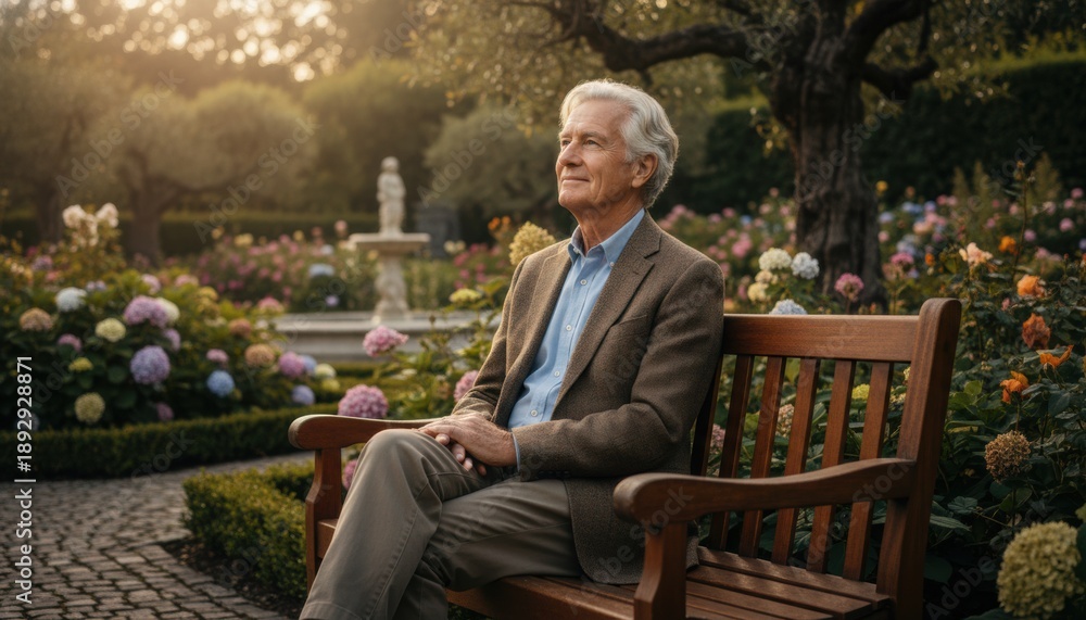 Fototapeta premium Serene Moment in the Garden: An elderly man sits on a wooden bench in a beautifully landscaped garden, surrounded by vibrant flowers and lush greenery, enjoying a moment of tranquility.